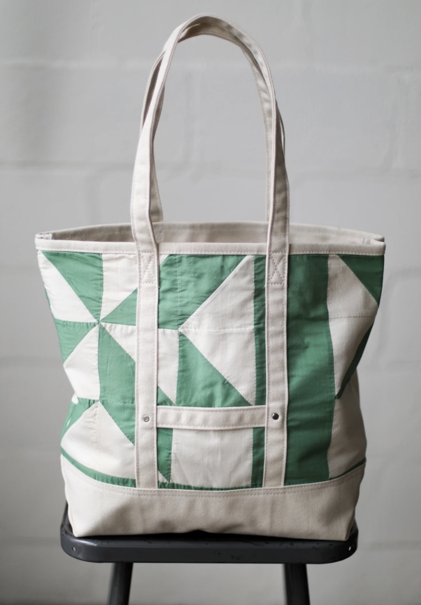 This one features a 1950s-era vintage quilt and measures 18 x 15 x 6 inches. Each one-of-a-kind bag is $175.